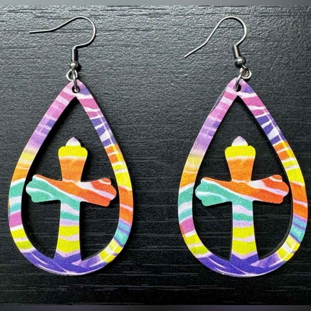 Colorful Cross Hollow Water Drop Wooden Double-Sided Earrings